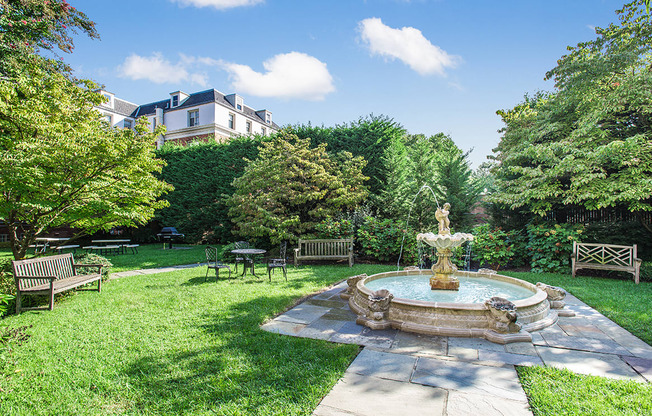 Courtyard with fountain and seating at Cathedral Mansions, Washington