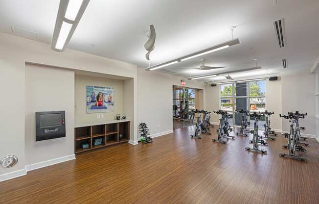 a fitness room with weights and cardio machines and a television