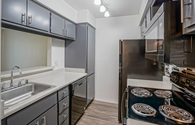 Kitchen equipped with black appliances and grey cabinets at Treehouse Apartments in Albuquerque, NM