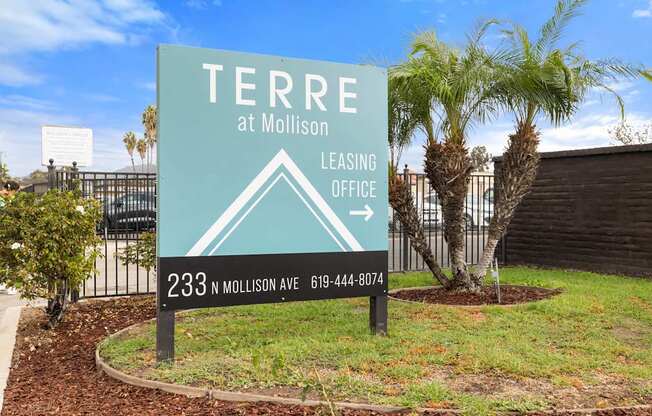 A sign for the leasing office of Terre at Mollison.