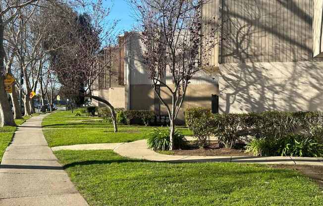 A sidewalk runs alongside a grassy area in front of a building.
