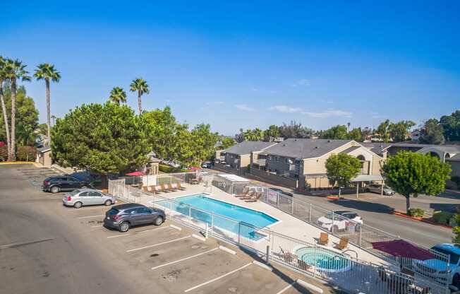 An aerial view of our Swimming Pool & Spa and property at Meadow Creek Apartments in San Marcos, CA