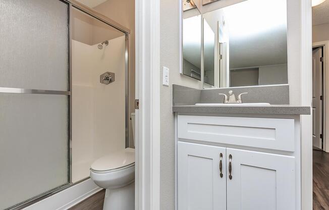 a white sink sitting next to a shower