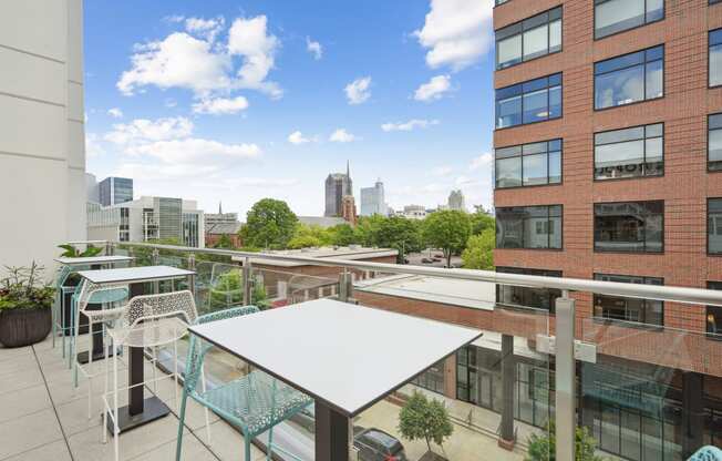 a rooftop patio with tables and chairs and a city in the background