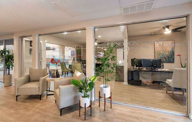 The leasing office of Princeton Court/Harvard Square Apartments at Princeton Court Apartments in the Vickery Midtown neighborhood of Dallas, TX.