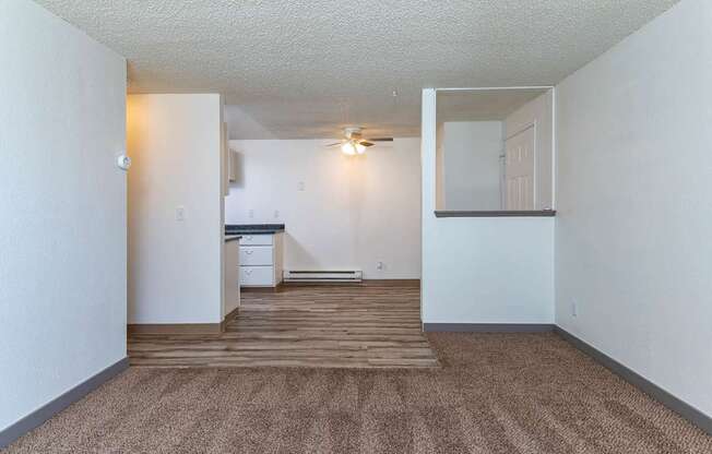 A room with a carpeted floor and a small kitchenette.