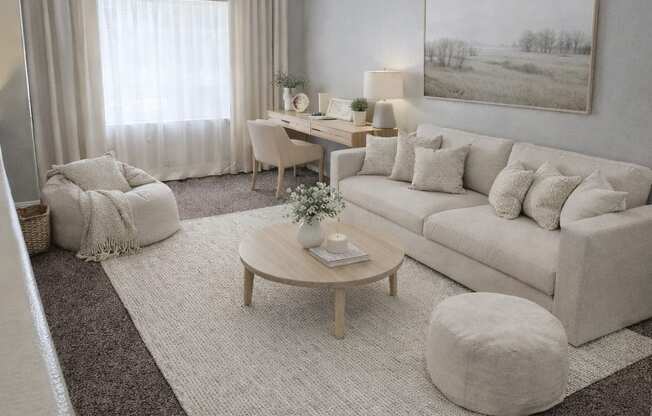 A living room with a white couch, a coffee table, and a painting on the wall.