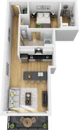 A top-down view of a small apartment with a kitchen, living room, and bathroom.