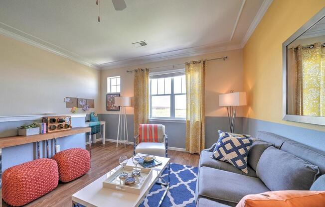 a living room with a couch and a coffee table