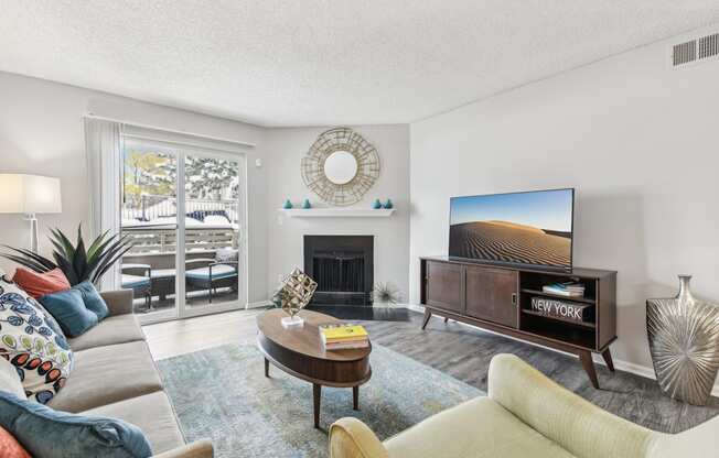 a living room with a couch and a tv and a fireplace