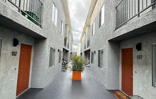 a courtyard between two buildings with orange doors and a potted plant