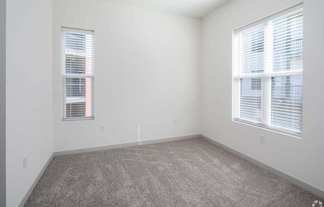 A room with a carpeted floor and two windows with blinds.
