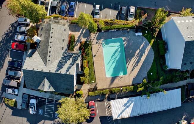 ariel view of pool and clubhouse Aloha Oregon Quatama Village Apartments 