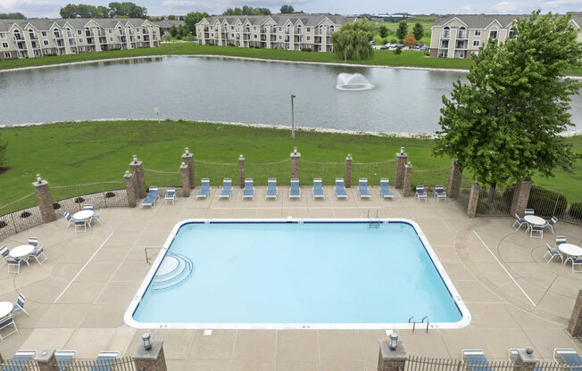 an aerial view of a Sparkling Pool with Sundeck at Hunters Pond Apartment Homes, Champaign, 61820