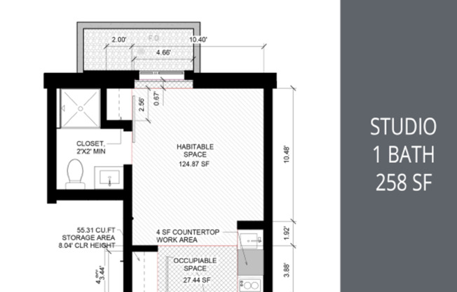 Studio, 1 bath, 258 sqft, $1,025, Unit B03