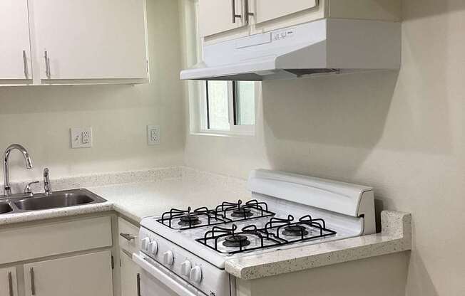 A white stove and sink in a kitchen.