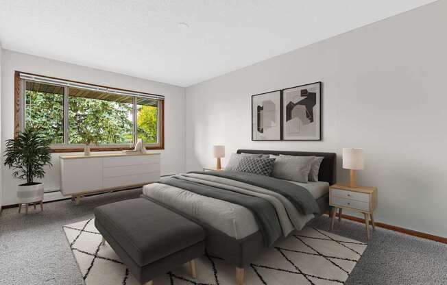 A bedroom with a large bed and a window overlooking a green tree.