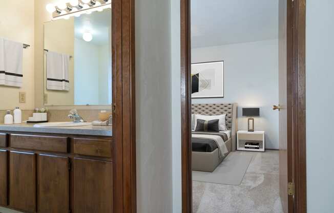 Ensuite room with large bathroom counter, sink, wood under sink cabinets, hand towel rack, and good lighting at Hawks Prairie, Olympia, WA.