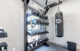 weight rack and punching bag in Littlestone Apartments fitness center