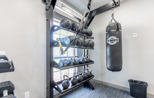 weight rack and punching bag in Littlestone Apartments fitness center