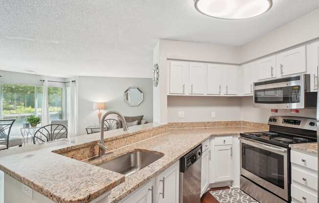 A kitchen with a granite countertop and stainless steel appliances.