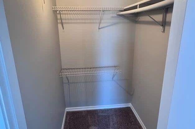 A small, empty room with a carpeted floor and a few shelves.