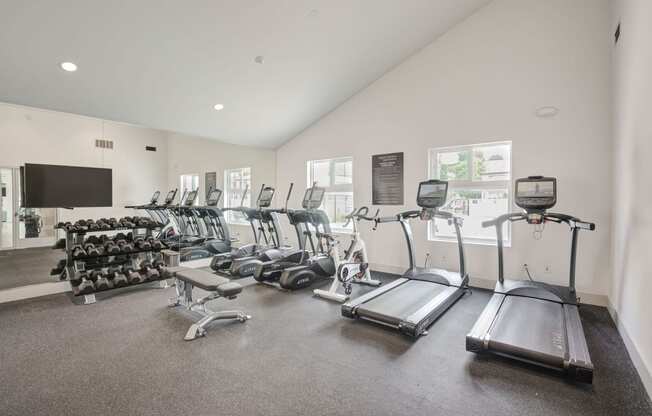 a gym with cardio equipment and a flat screen tv  at Laguna Gardens Apts., Laguna Niguel