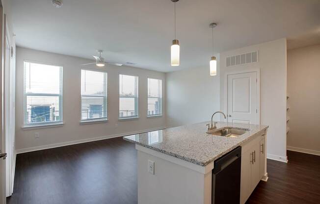 A kitchen with a granite countertop and a dishwasher.