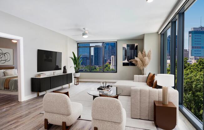 Choose homes with floor-to-ceiling windows that showcase downtown Nashville views, enhancing every moment at Modera McGavock with natural light and modern elegance.