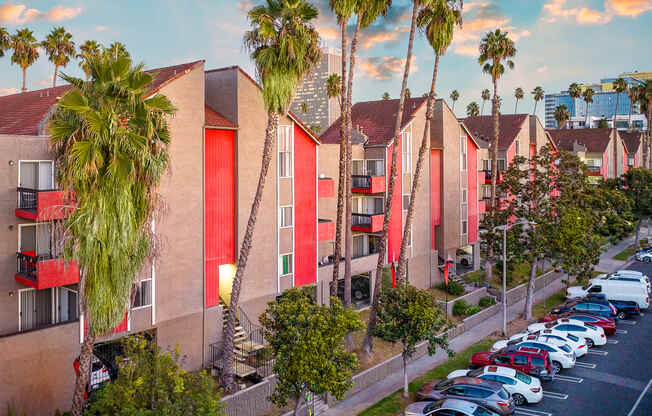 a row of townhomes with palm trees and parked cars
