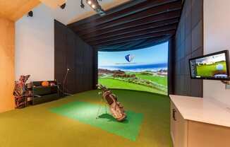 A room with a golf simulator and a TV screen showing a golf game.