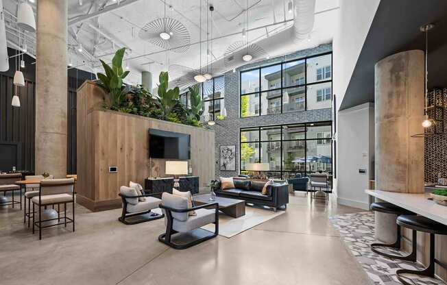 A modern living room with a large window, a TV, and a plant on the wall.