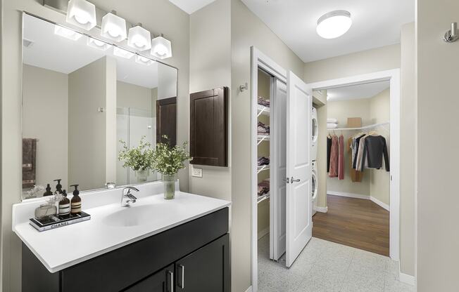 a bathroom with a sink and a mirror and a closet