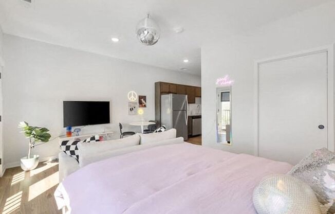 A bedroom with a bed, a television, a couch, and a potted plant.