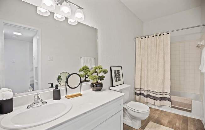 A bathroom with a white sink, toilet, and a mirror with lights above it.
