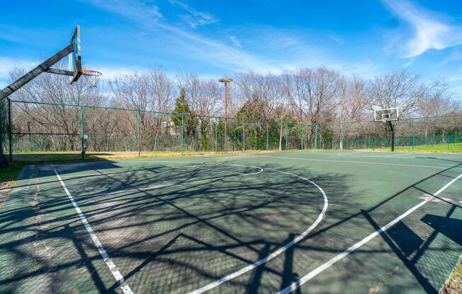 a basketball court in a park on a clear day