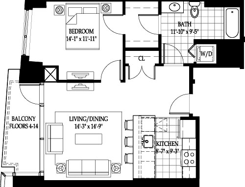 1 bed, 1 bath, 747 sqft, $3,710, Unit 1205