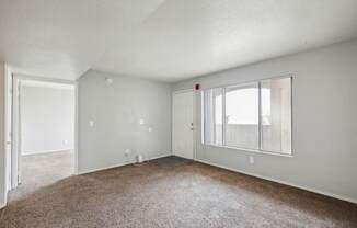A room with carpeted floor and white walls.