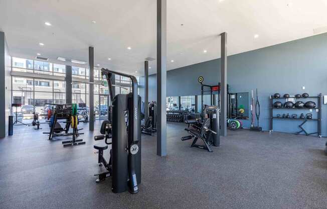 a gym with cardio equipment and weights in a building with blue walls