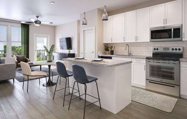 a kitchen and living room with an island and stools