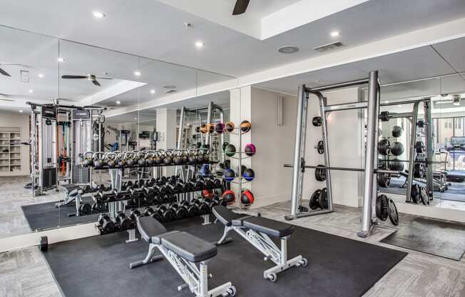 Free weight training area at The Monterey by Windsor, 75204, Dallas