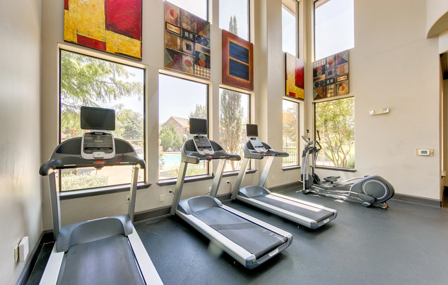 View of Fitness Center, Showing Cardio Equipment and Floor to Ceiling Windows at Enclave on Golden Triangle Apartments