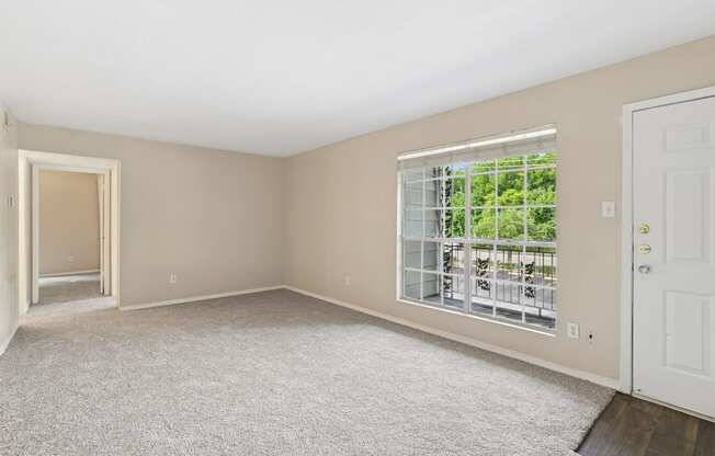 A room with a carpeted floor and a window with blinds.