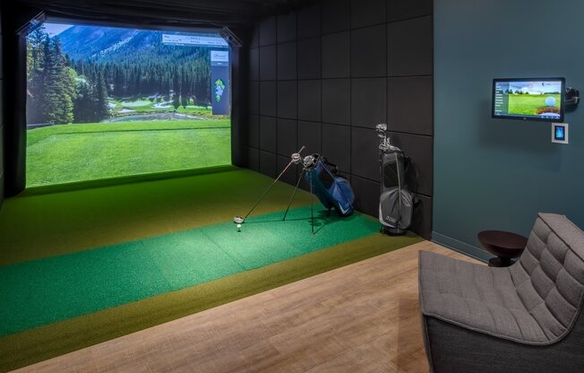 Golf simulator with clubs and pub style seating