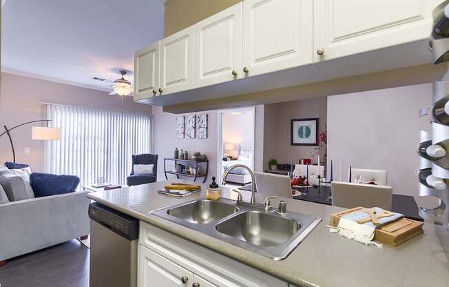 A kitchen with a sink and a counter.