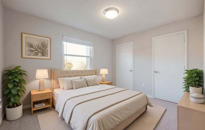 A bedroom with a large bed and two potted plants.