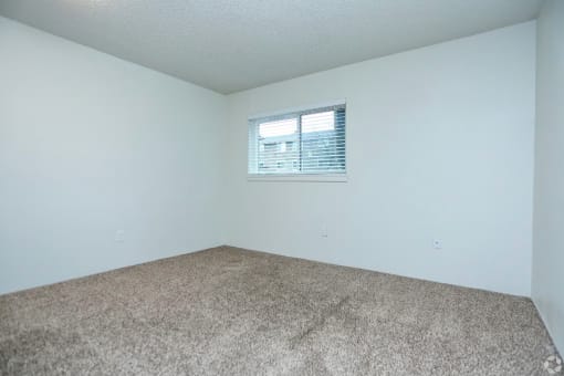 the living room of an empty room with carpet and a window