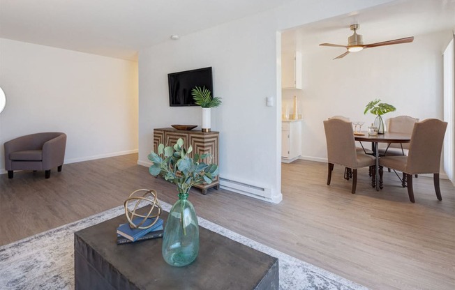 Bright living and dining space at Three Crown Apartments, Alameda, 94501