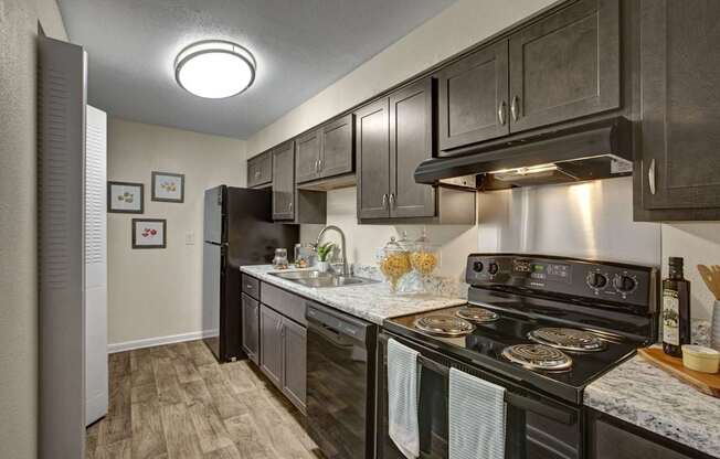 A kitchen with a black stove top oven and black cabinets.