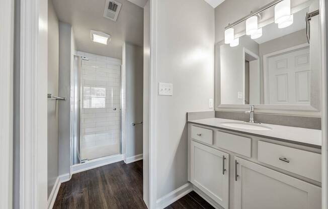 A bathroom with a sink, mirror, and a shower with a glass door.